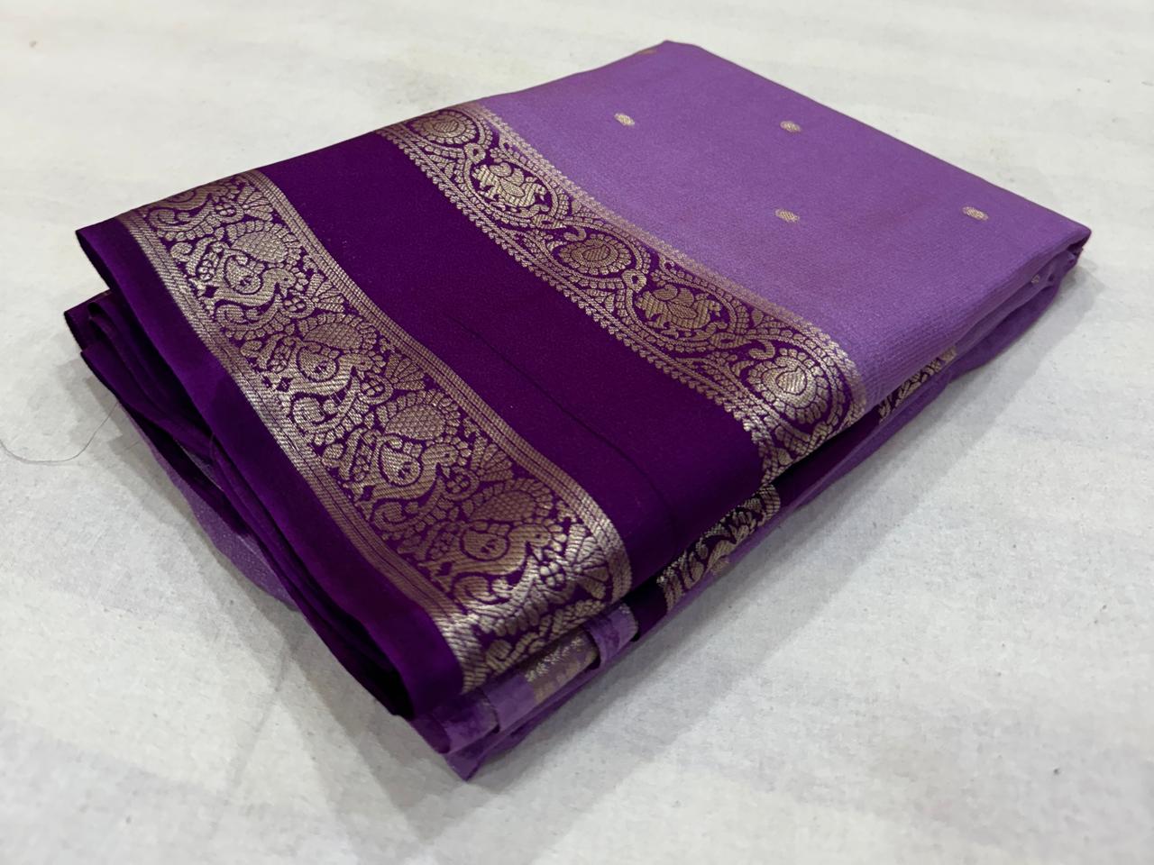 Soft Lavender with Deep Purple Border Royal Chap Dye Mysore Crepe Saree with Rich Contrast Zari Border